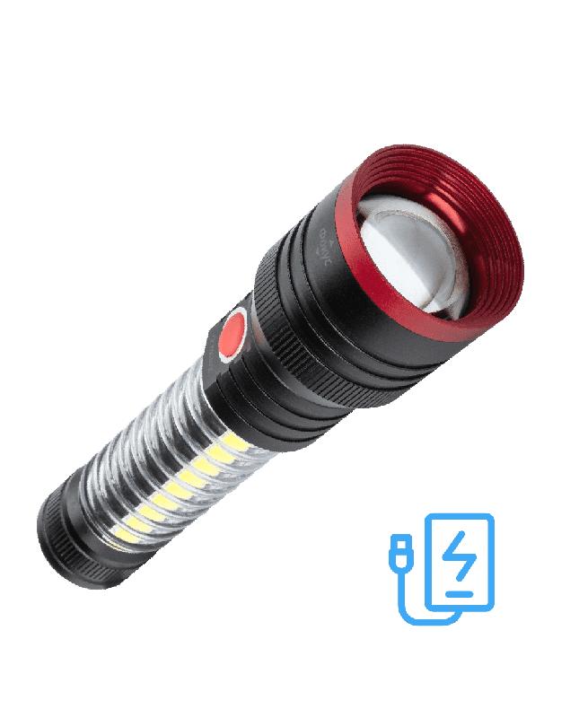 Фонарь аккумуляторный ручной 10Вт LED+5Вт COB LED+красн. zoom-линза Li-ion 18650 2200мА.ч Power-bank корпус анодированный алюм. USB-шнур type C магнит на корпусе КОСМОС KOC132Lit