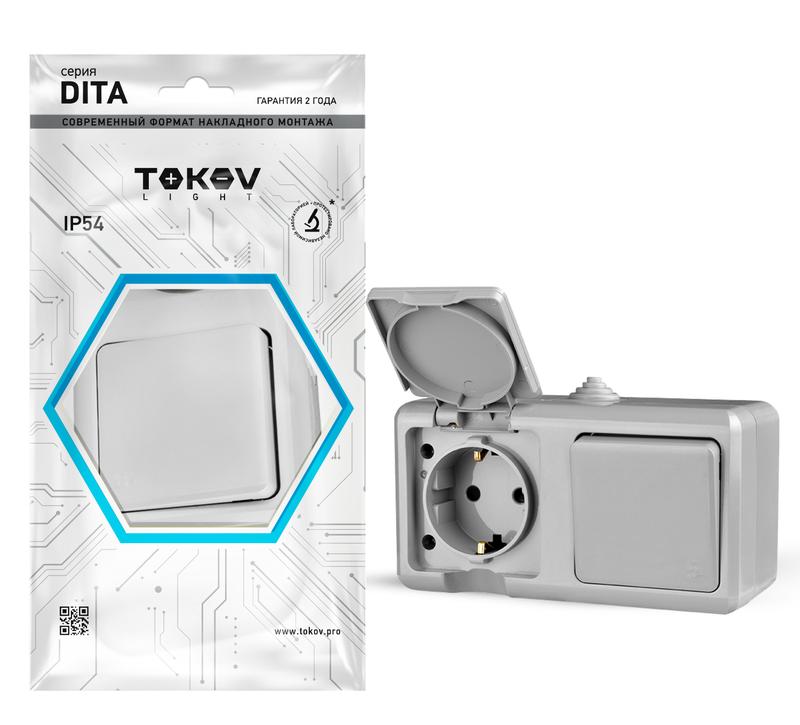 Блок ОП Dita (розетка 16А 250В с заземл. + 1-кл. выкл. 10А) IP54 сер. TOKOV ELECTRIC TKL-DT-V1RZ-C06-IP54