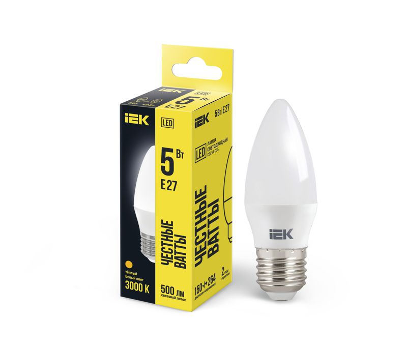 Лампа светодиодная C35 5Вт свеча 3000К тепл. бел. E27 450лм 230-240В IEK LLE-C35-5-230-30-E27